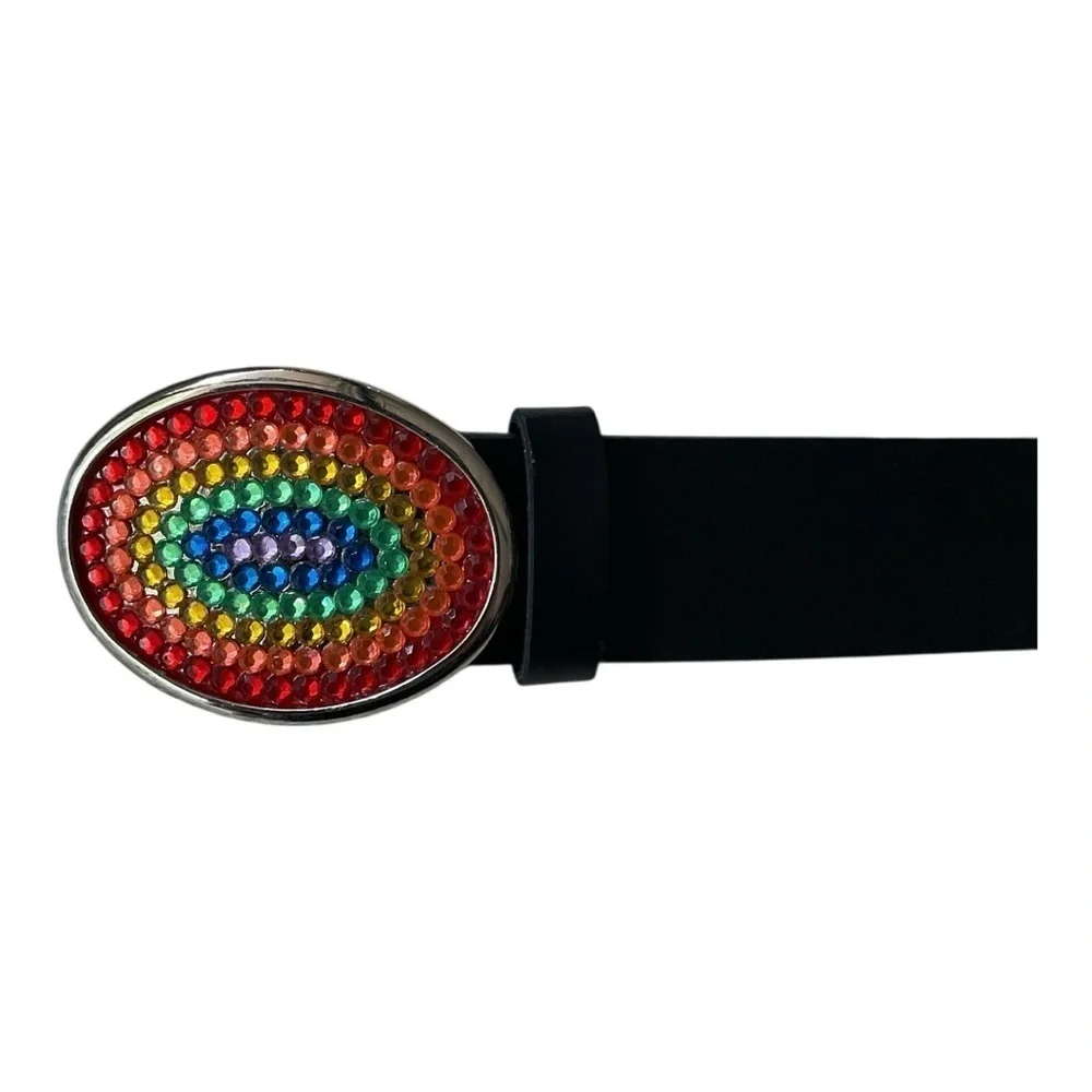 Retro Rainbow Rhinestone Buckle Black Belt XL – Statement Pride Accessory